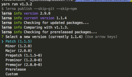 Screenshot of terminal showing interactive prompt from Lerna for selecting the new release version